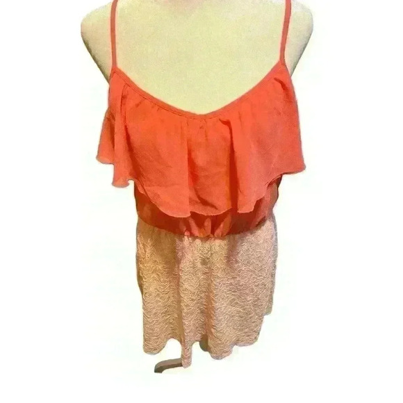 IZ Byer Women's Large V-Neck Coral Pink Flowy Dress with Lace Bottom Sleeveless - Picture 6 of 9